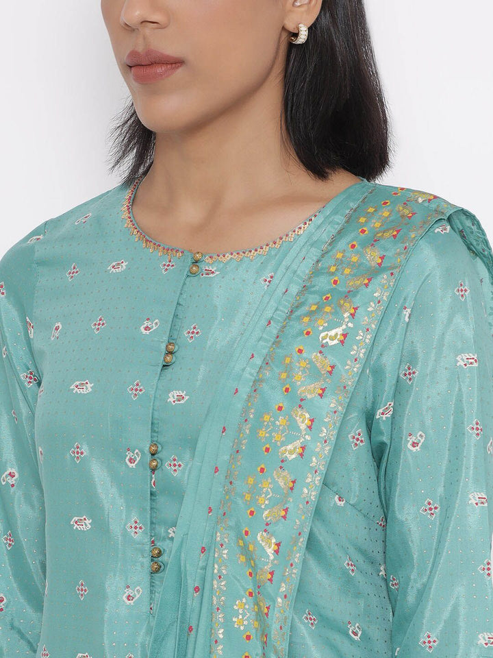 W Festive Floral Print Shantung Kurta With Leggings