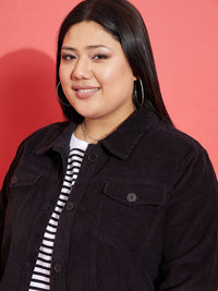 SASSAFRAS Curve Plus Size Black Spread Collar Corduroy Jacket