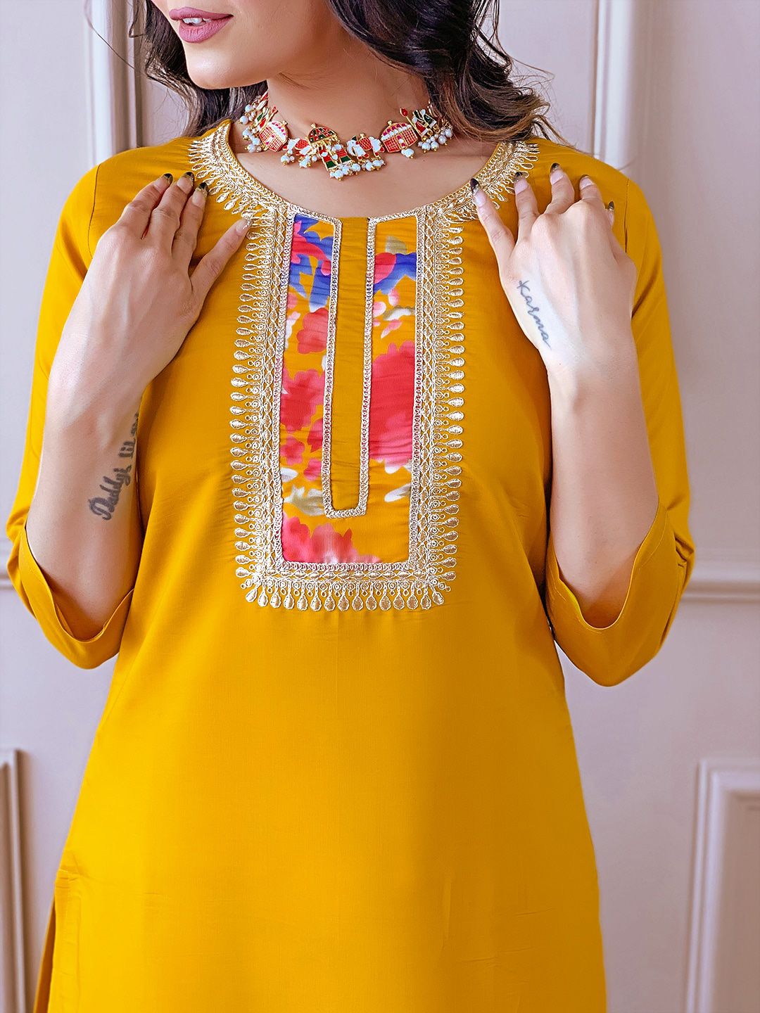 KALINI Ethnic Motifs Yoke Design Thread Work Straight Kurta with Trousers & With Dupatta