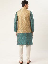 SOJANYA Kurta Motif Etnik Biru Teal & Beige Lelaki dengan Jaket Churidar & Nehru
