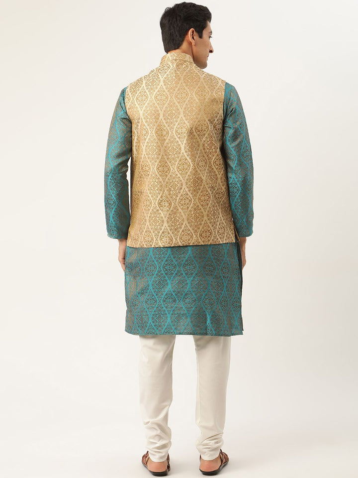 SOJANYA Men Teal Blue & Beige Ethnic Motifs Kurta  with Churidar & Nehru Jacket