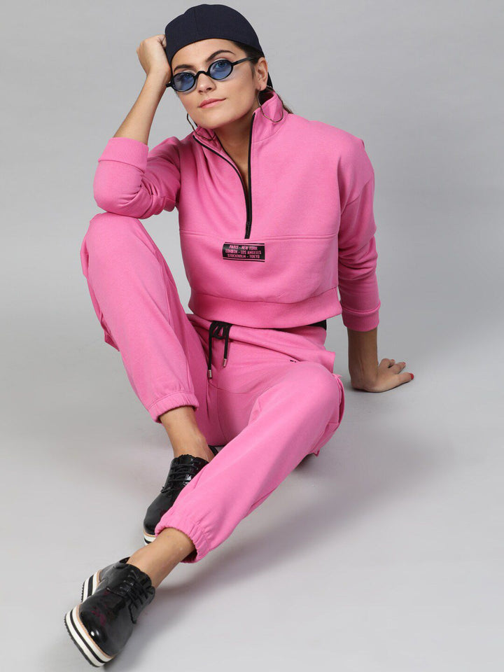 STREET 9 Women Pink Solid Pure Cotton Crop Sweatshirt