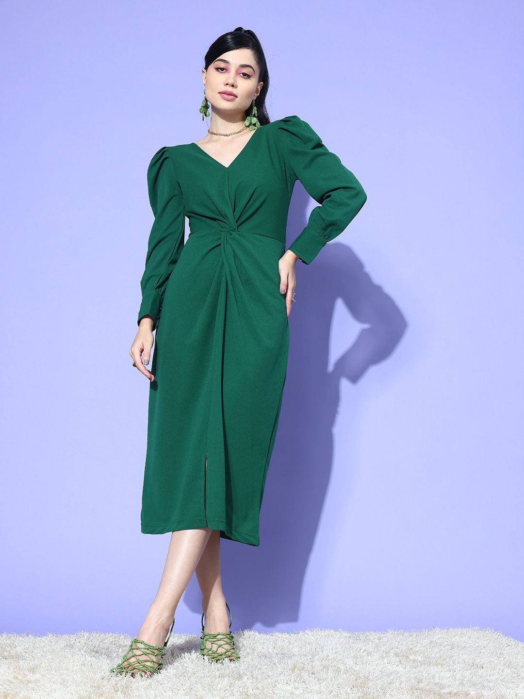 Antheaa Puff Sleeve A-Line Midi Dress