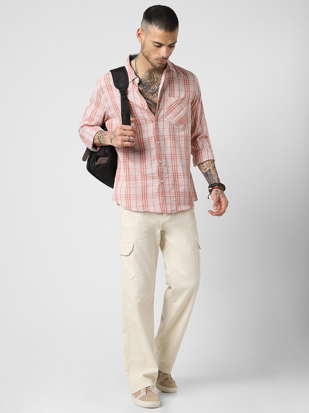 VASTRADO Slim Fit Tartan Checked Spread Collar Cotton Casual Shirt