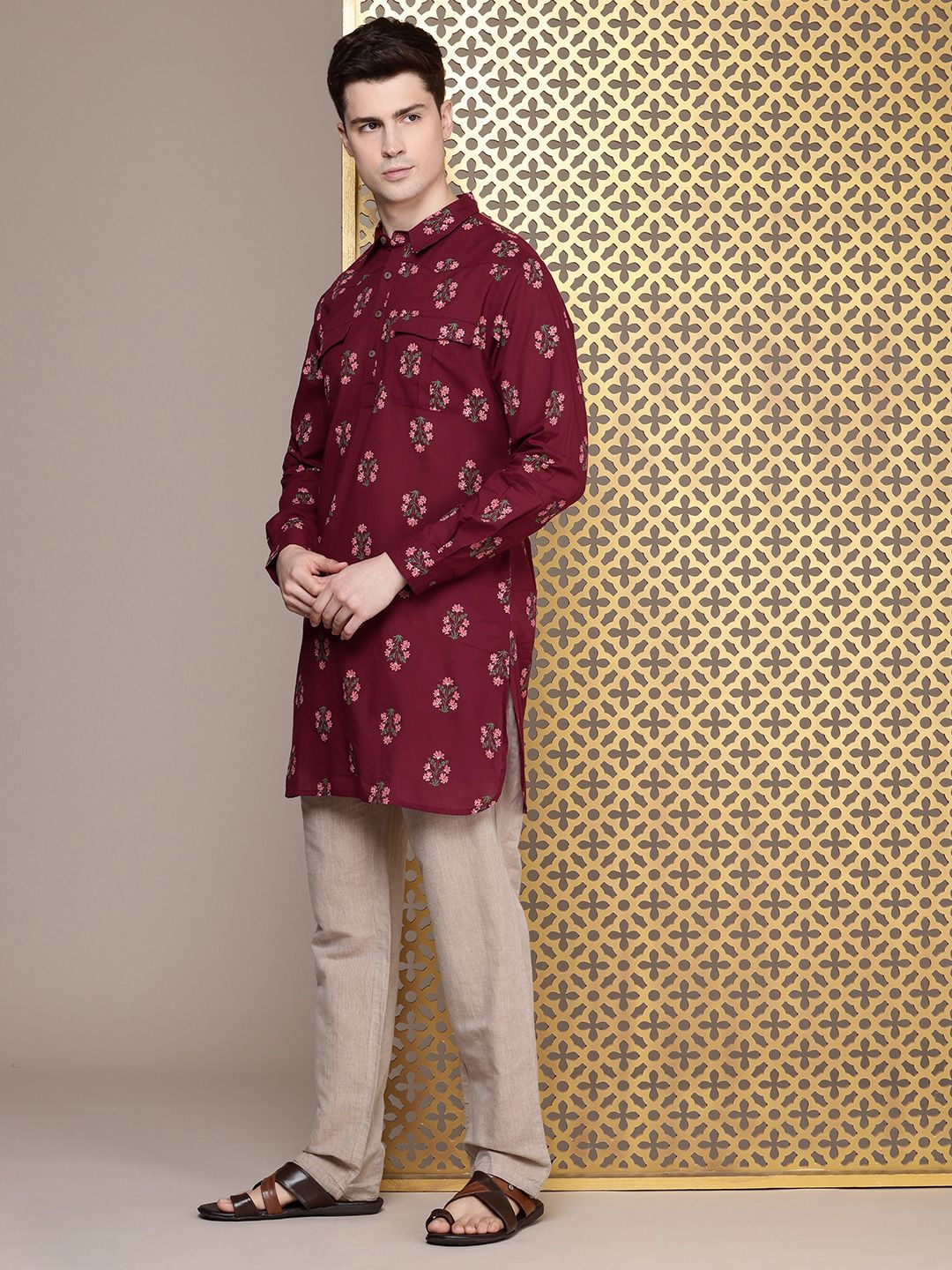 House of Pataudi Men Floral Printed Pure Cotton Kurta