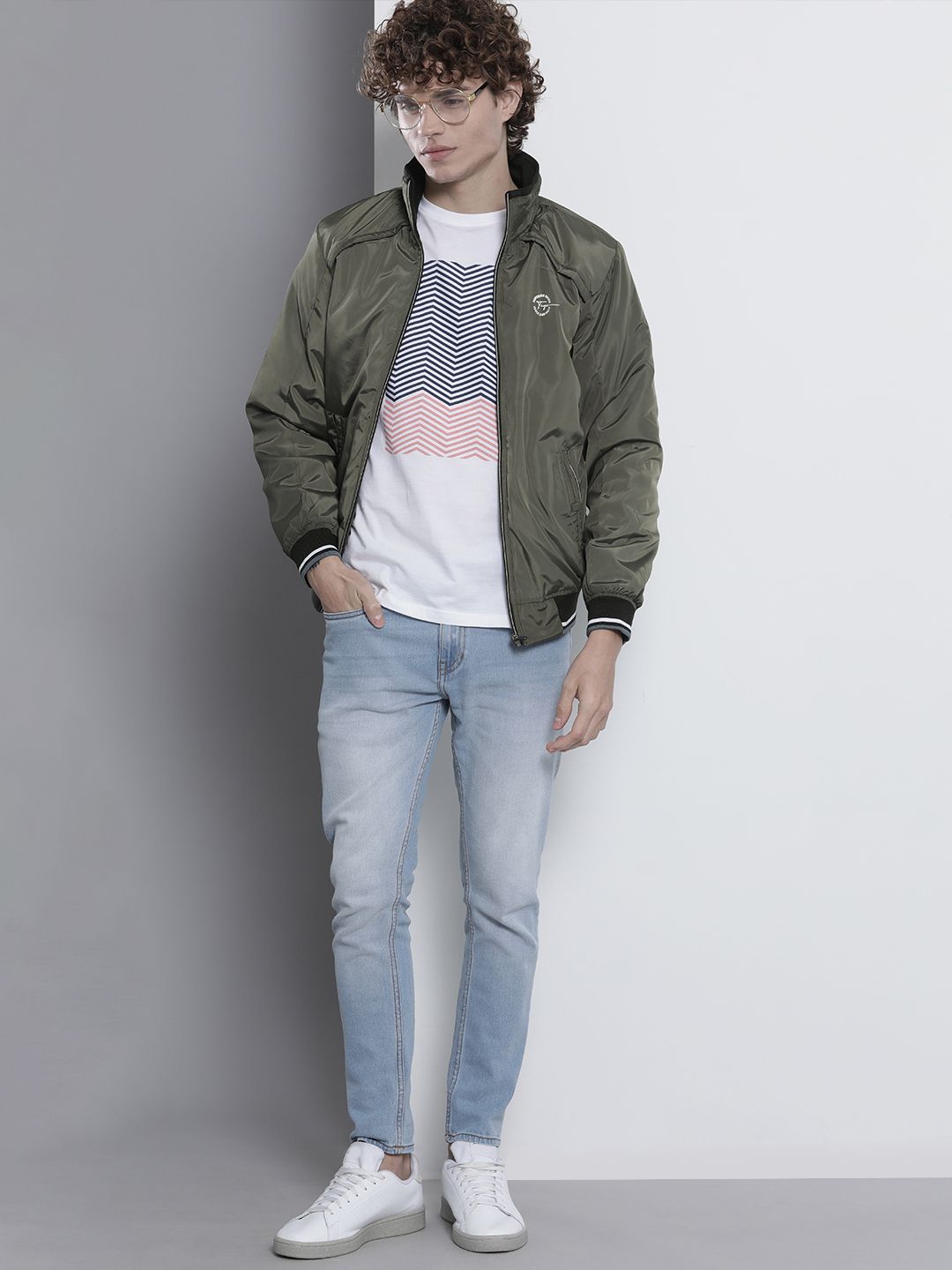 The Indian Garage Co Slim Fit High-Neck Zip-Front Bomber Jacket