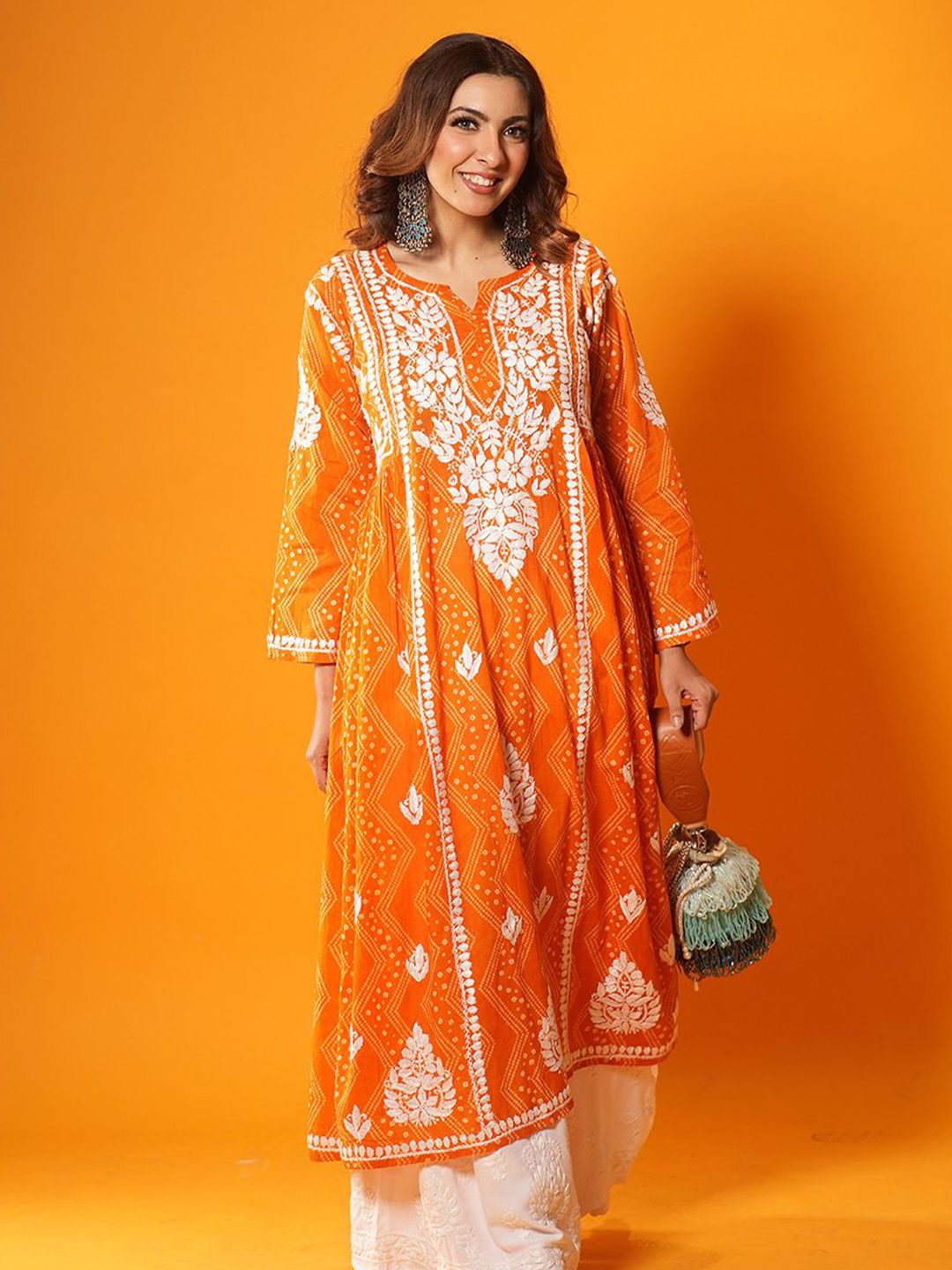 House of Chikankari Women Orange Mulmul Chikankari Embroidered Kurta