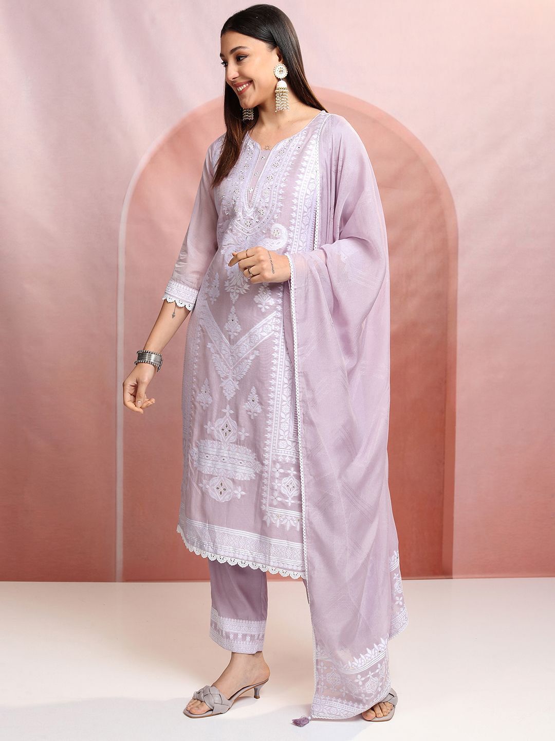 Vishudh Purple Floral Embroidered Mirror Work Straight Kurta With Trousers & Dupatta