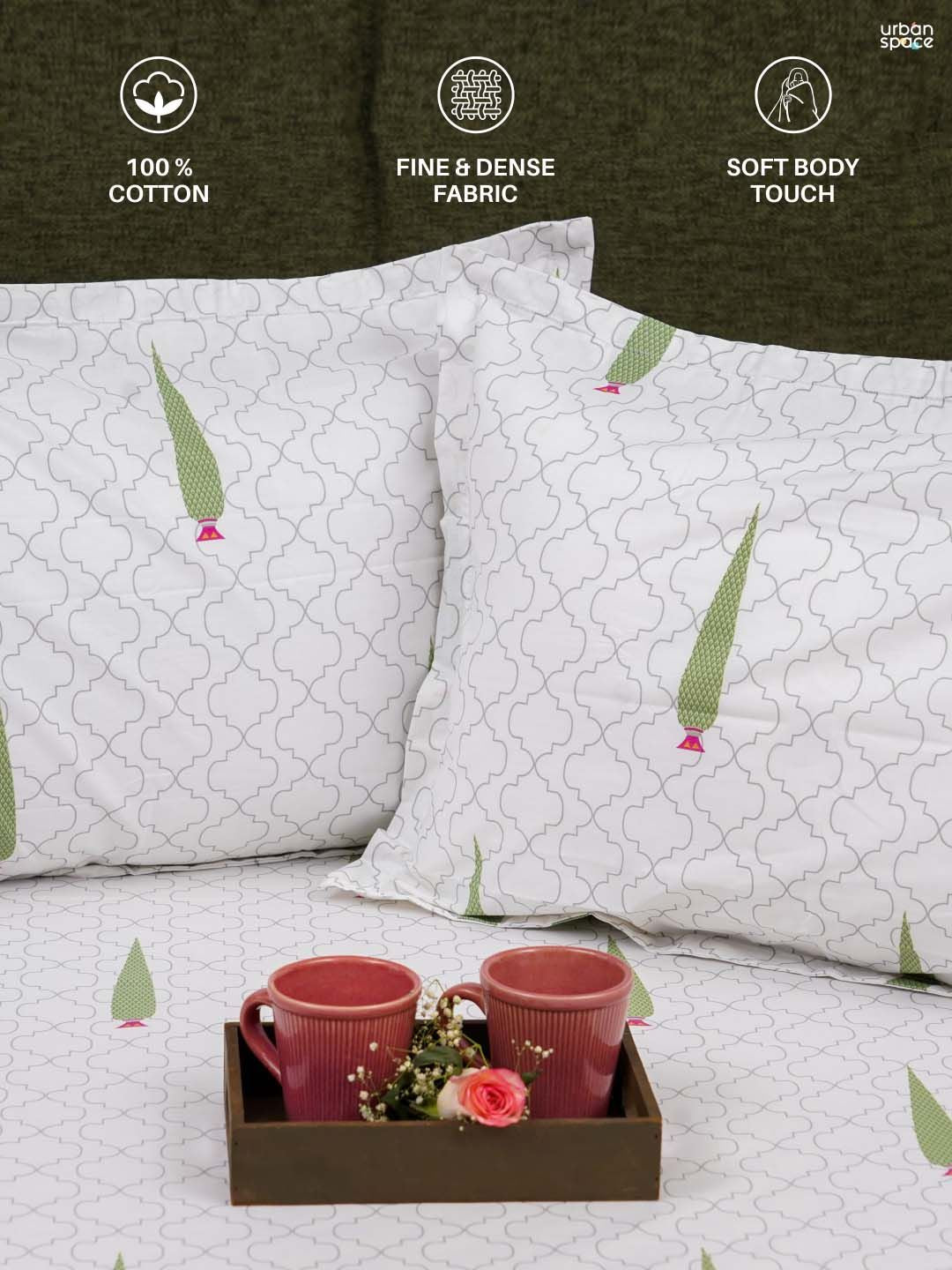 URBAN SPACE Pinewood White & Green Pure Cotton 200 TC Queen Bedsheet with 2 Pillow Covers