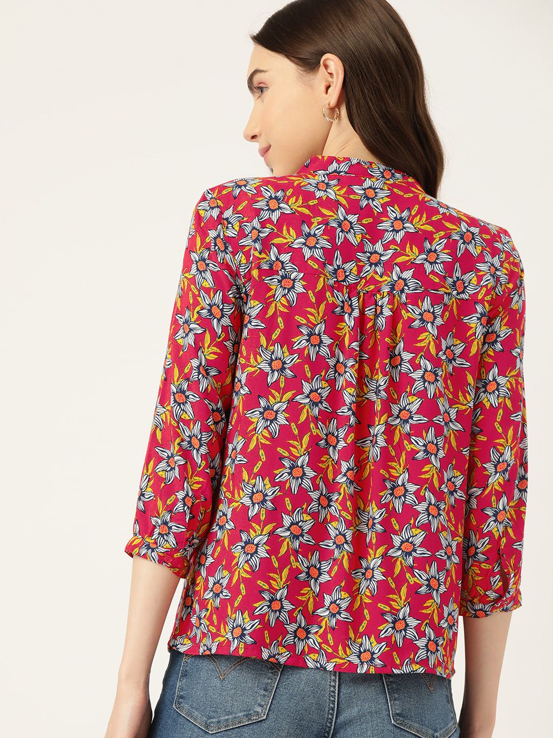 DressBerry Floral Print Mandarin Collar Puff Sleeves Shirt Style Top