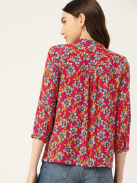 DressBerry Floral Print Mandarin Collar Puff Sleeves Shirt Style Top