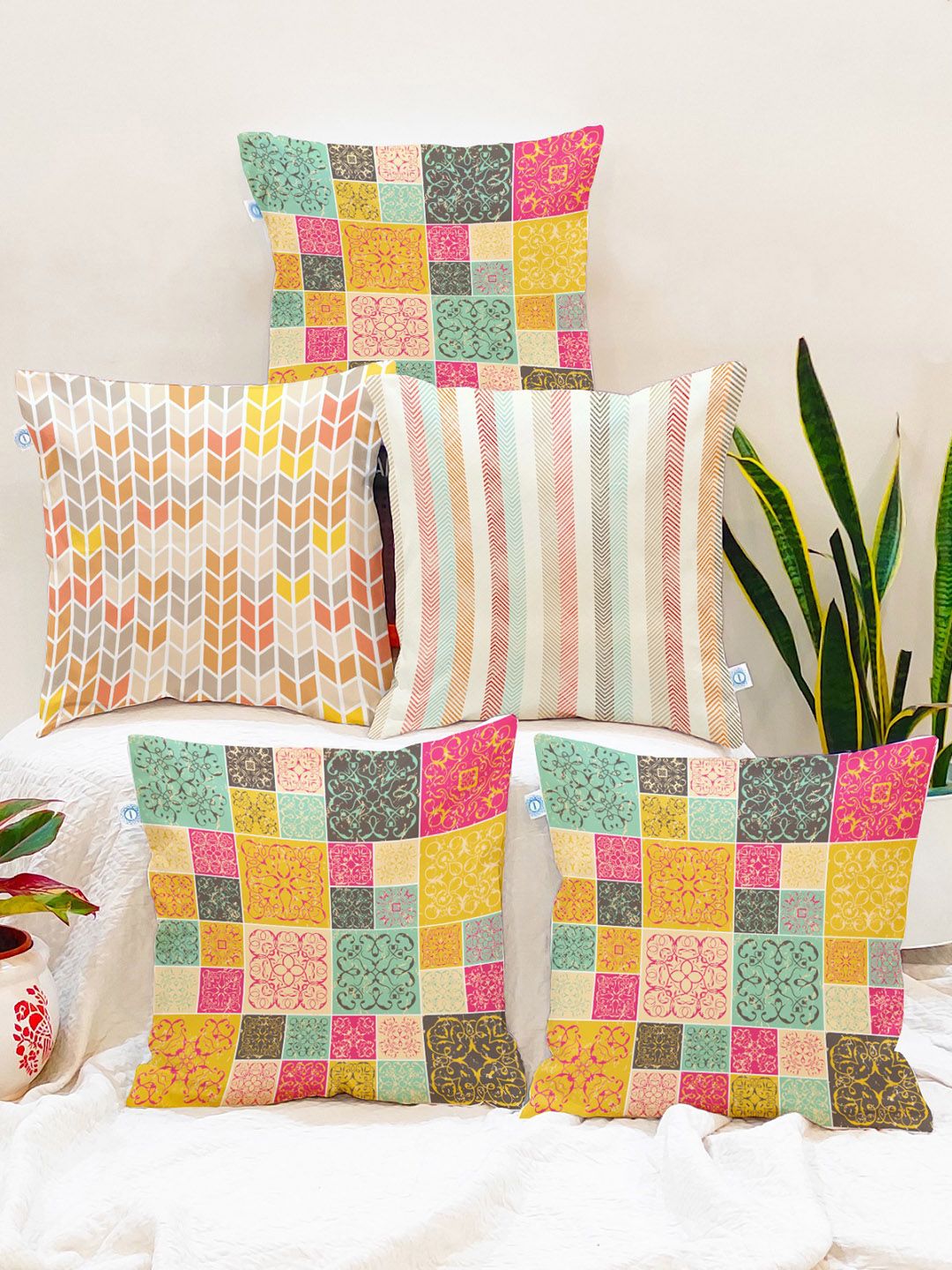 STITCHNEST Set of 5 Yellow & Pink Geometric Square Cushion Covers