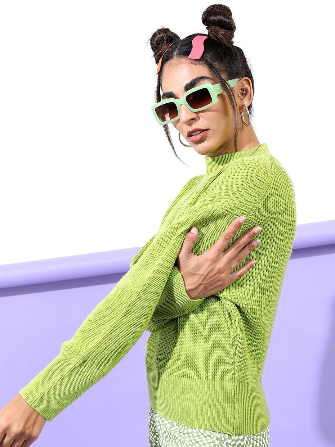 Tokyo Talkies Women Green Cable Knit Acrylic Pullover