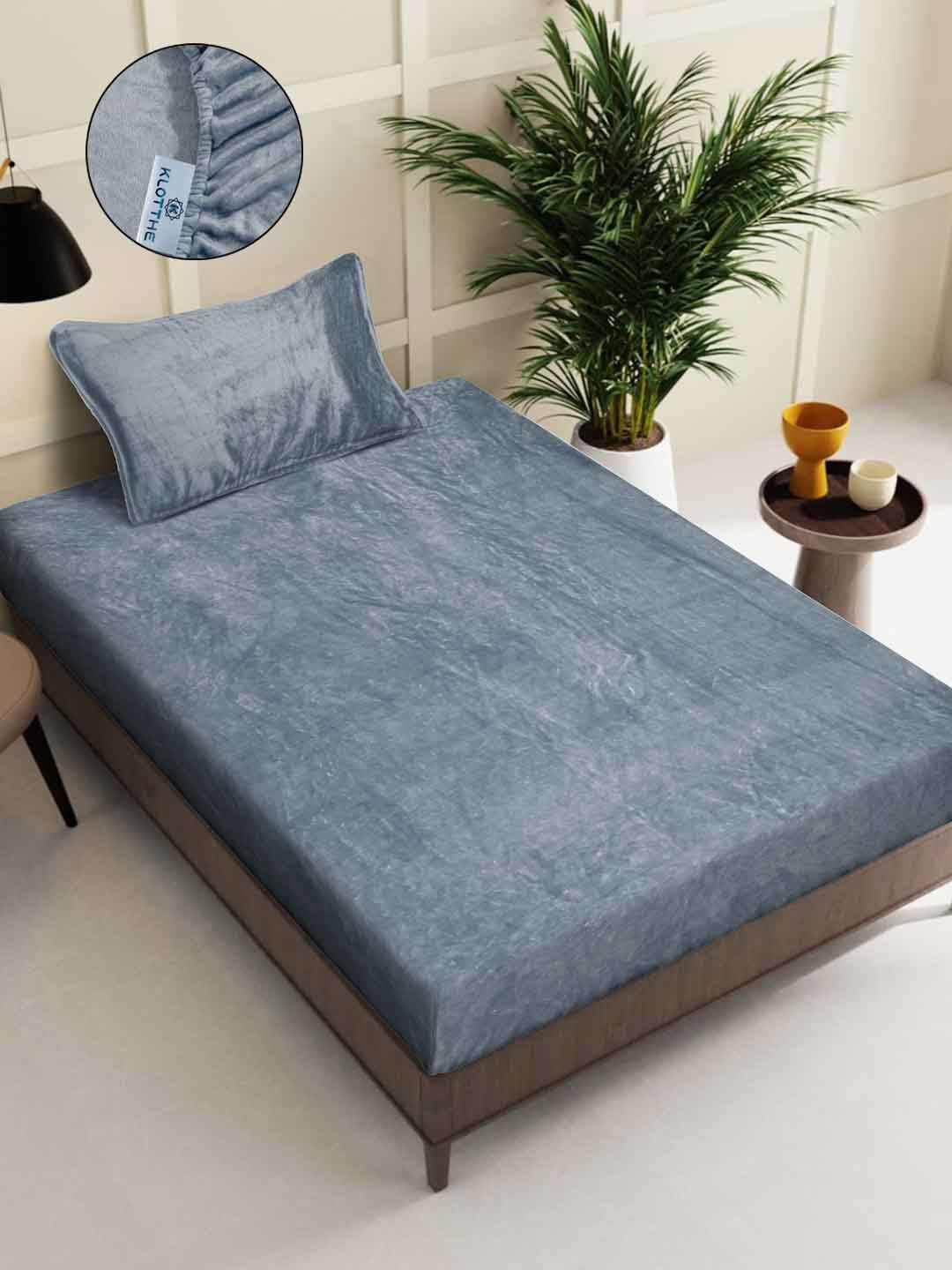 KLOTTHE Grey 300TC Woollen Fitted Single Bedsheet With Pillow Cover
