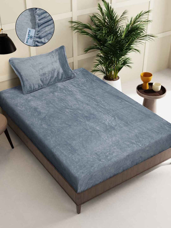 KLOTTHE Grey 300TC Woollen Fitted Single Bedsheet With Pillow Cover