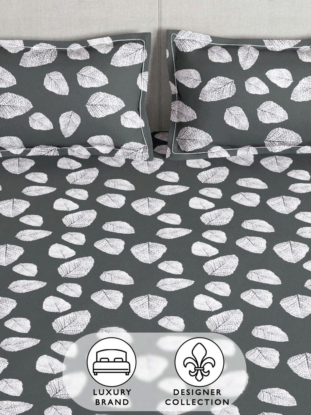 Story@home Dark Grey & White 180 TC Floral Queen Fitted Bedsheet With 2 Pillow Covers
