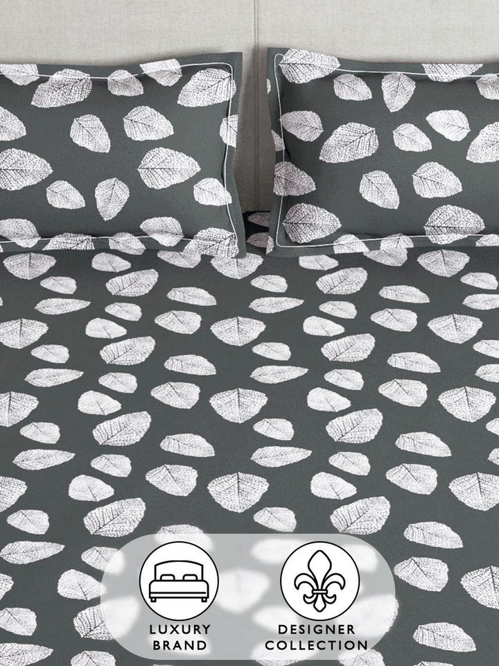 Story@home Dark Grey & White 180 TC Floral Queen Fitted Bedsheet With 2 Pillow Covers