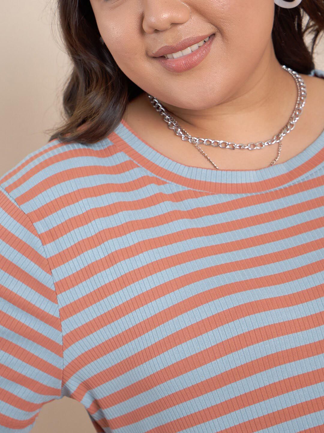 CURVY STREET Maroon Plus Size Striped Midi T-shirt Dress