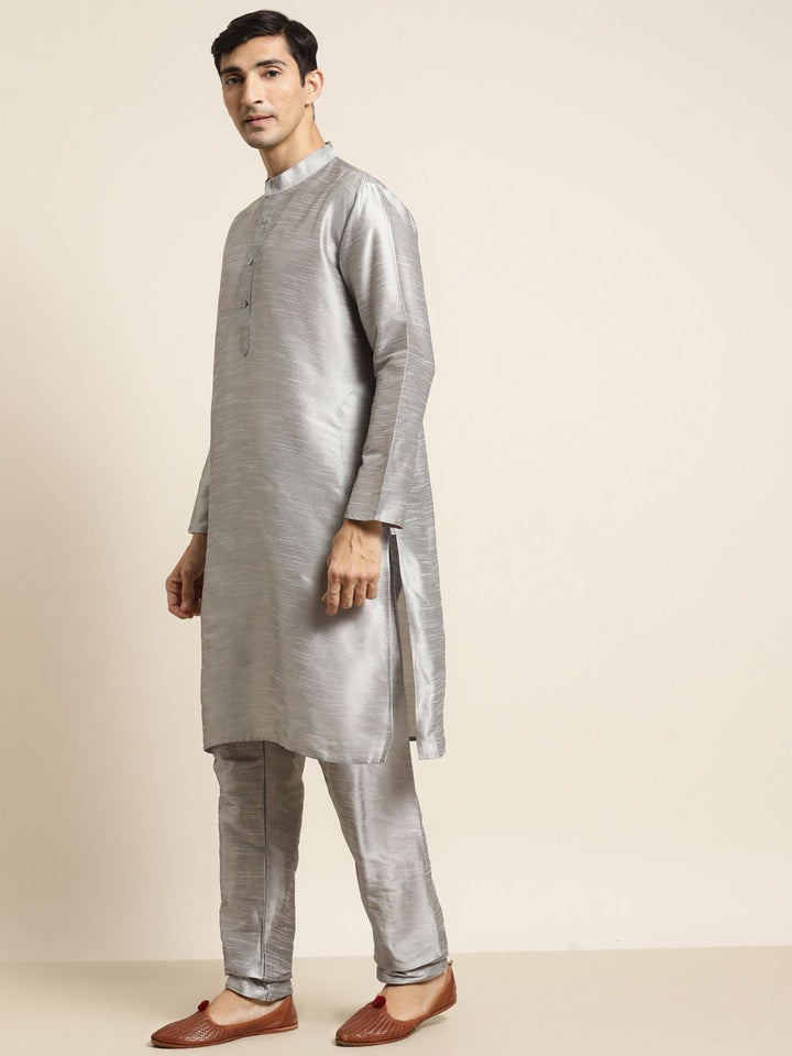 SOJANYA Men Grey & Navy Blue Kurta with Pyjamas & Embroidered Nehru Jacket