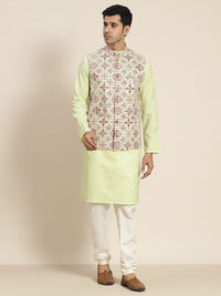SOJANYA Men Printed Kurta with Churidar & Nehru Jacket