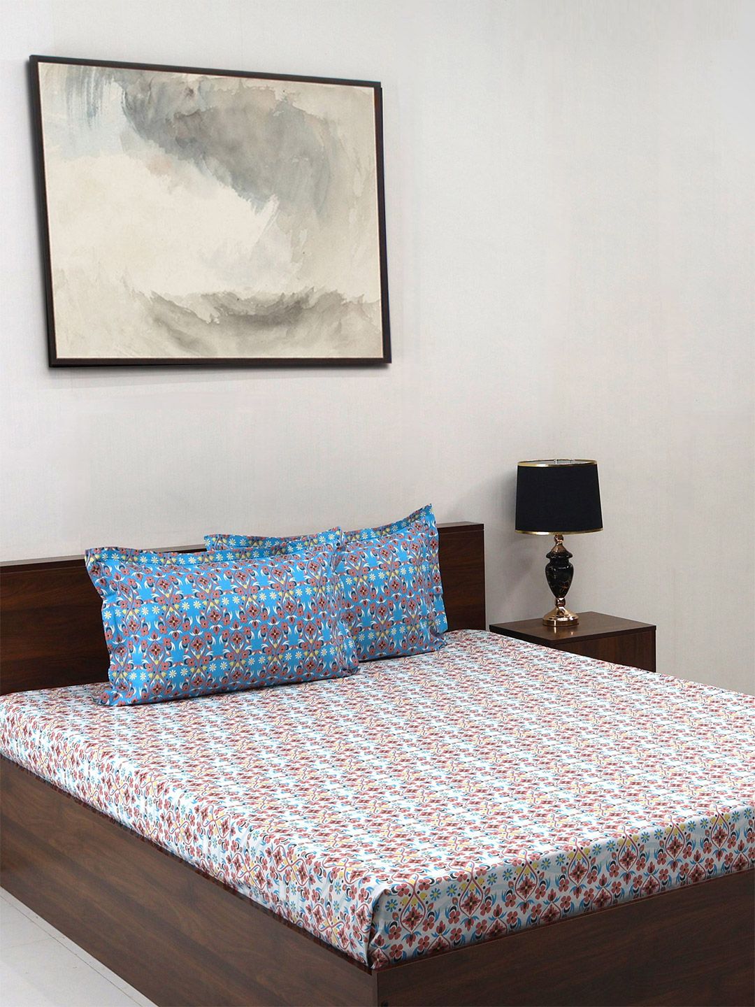 BOMBAY DYEING Blumen Blue Floral 104 TC Cotton Queen Bedsheet Set-2.24 m X 2.54 m