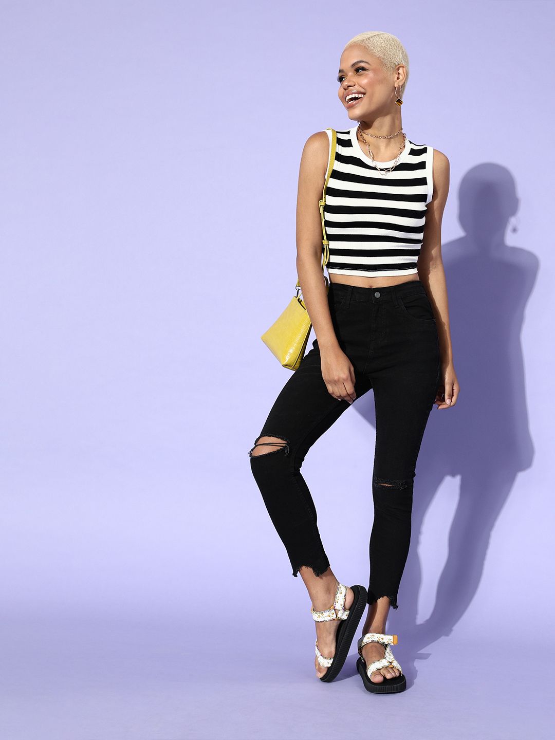 SASSAFRAS Black & White Striped Monochrome Tank Crop Top