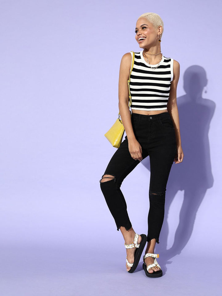 SASSAFRAS Black & White Striped Monochrome Tank Crop Top