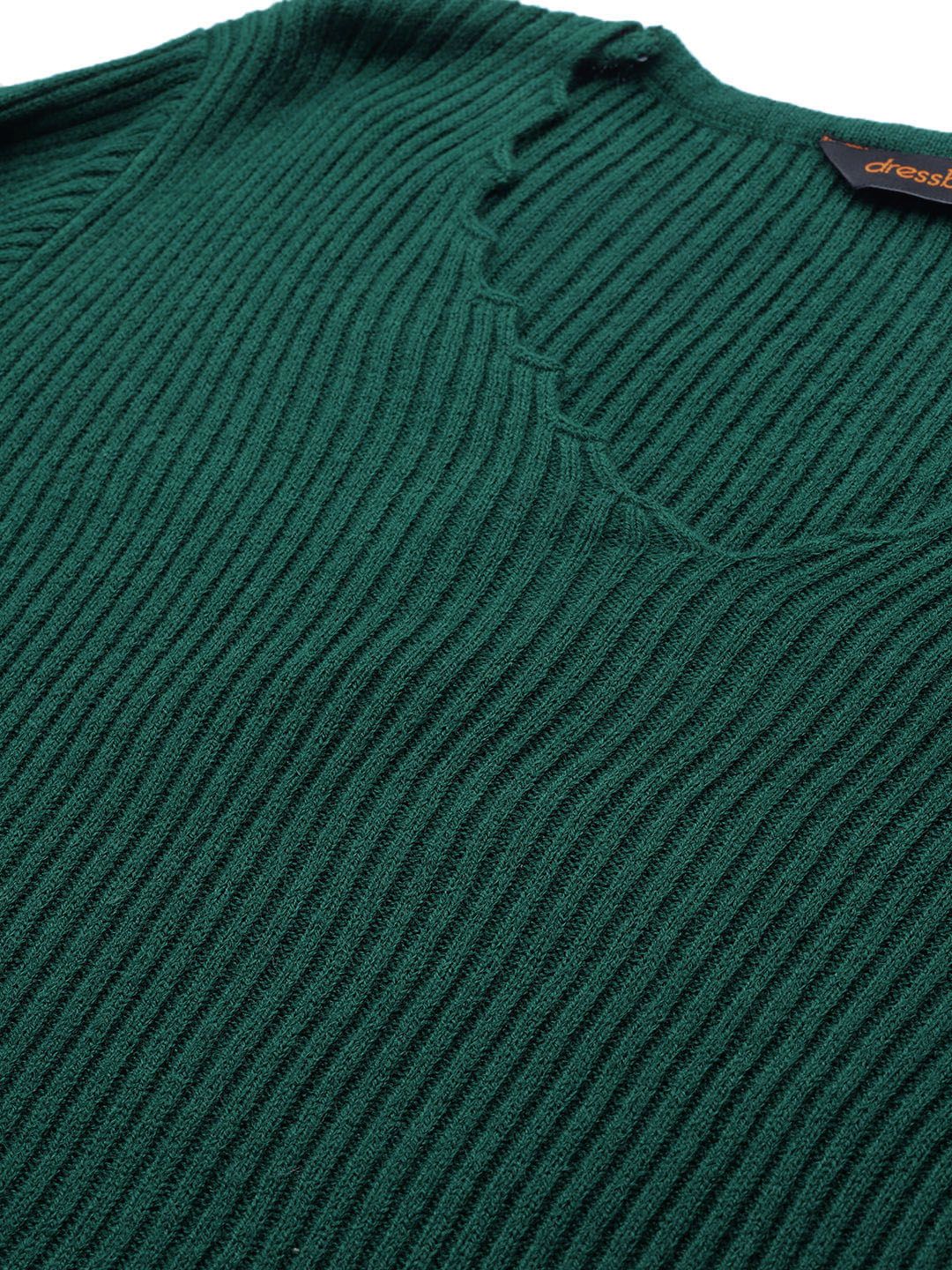 DressBerry Women Green Ribbed Pullover Sweater