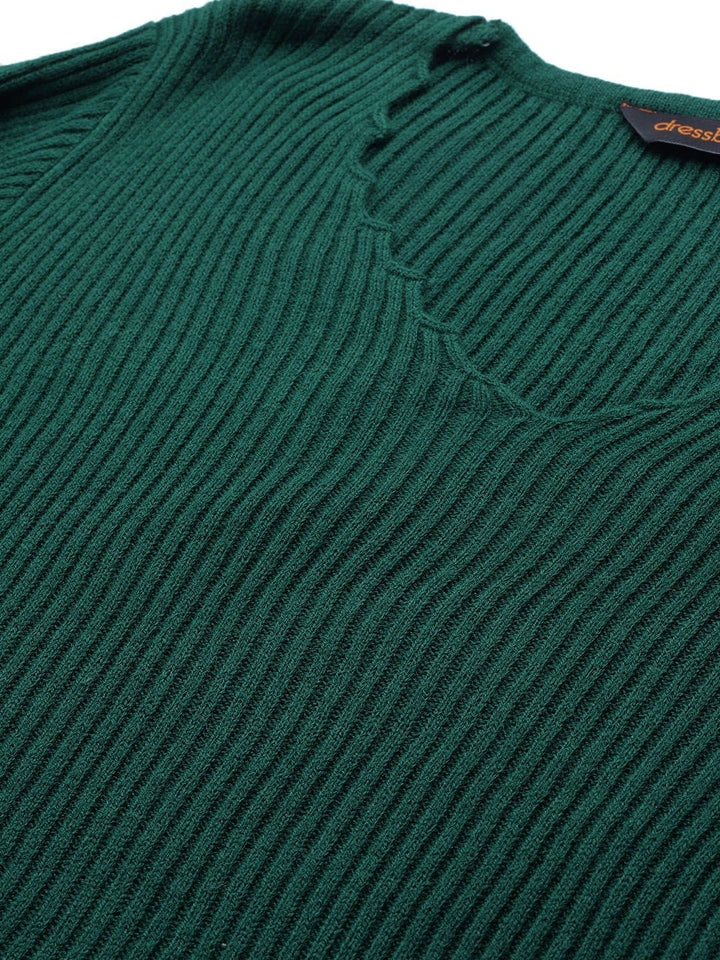 DressBerry Women Green Ribbed Pullover Sweater