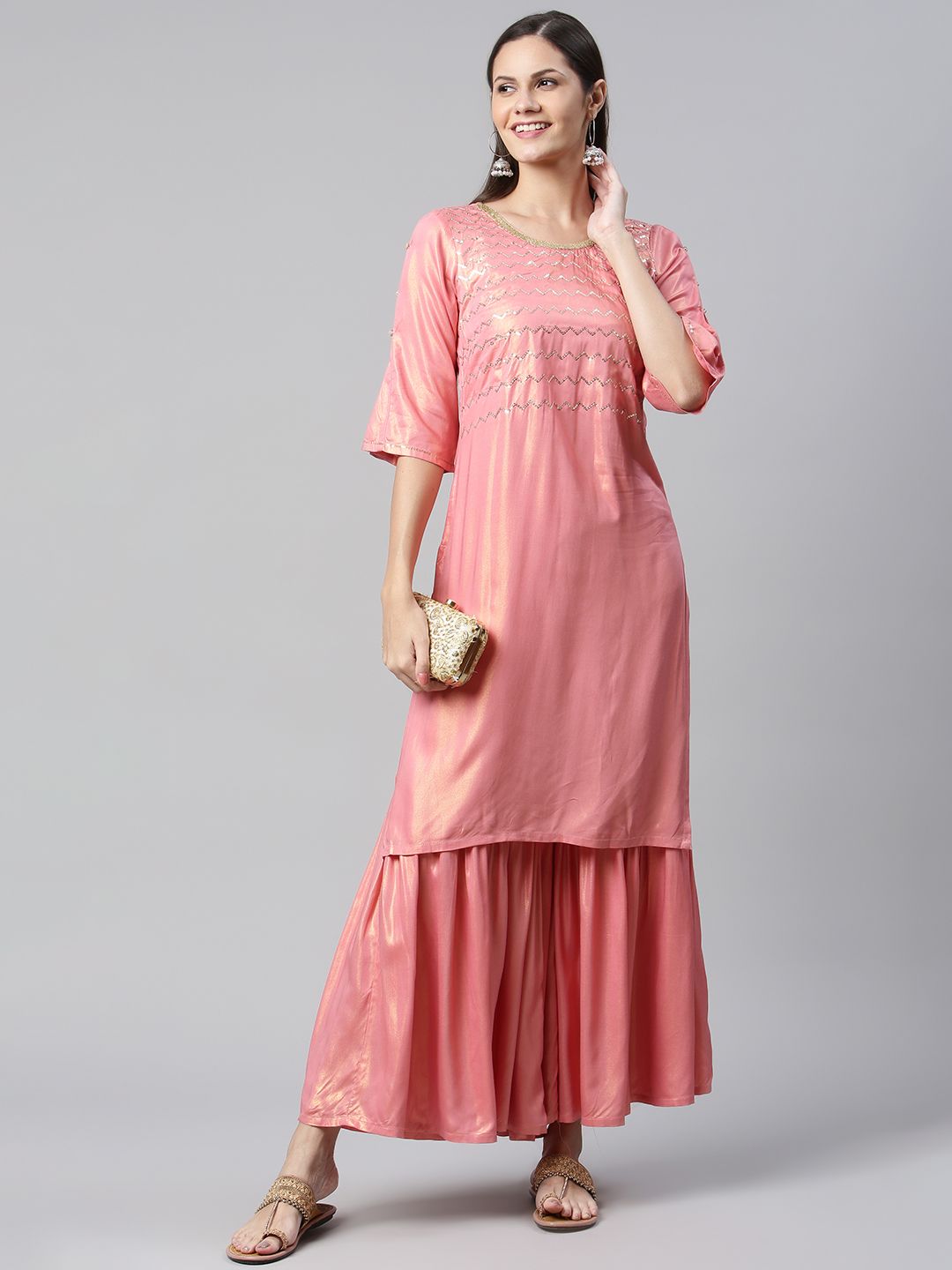 AURELIA Women Pink Sequin Embroidered Kurta with Sharara