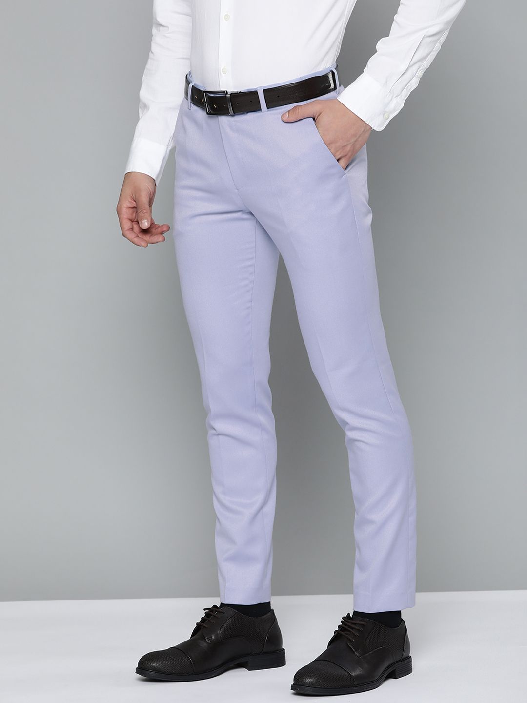 DENNISON Men Blue Solid Smart Auto Fit Waist Formal Trousers