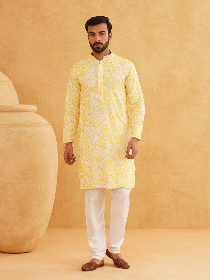 SOJANYA Motif Etnik Bersulam Kolar Mandarin Benang Kerja Kurta Lurus Kapas Tulen
