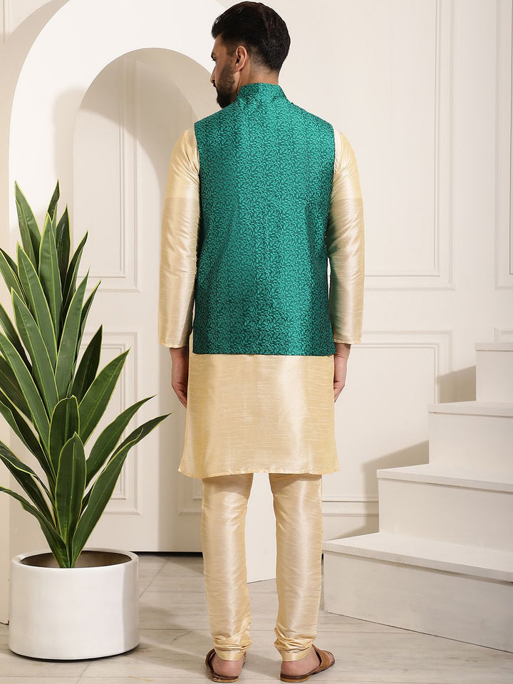 SOJANYA Men Golden & Green Kurta with Churidar And Nehru Jacket