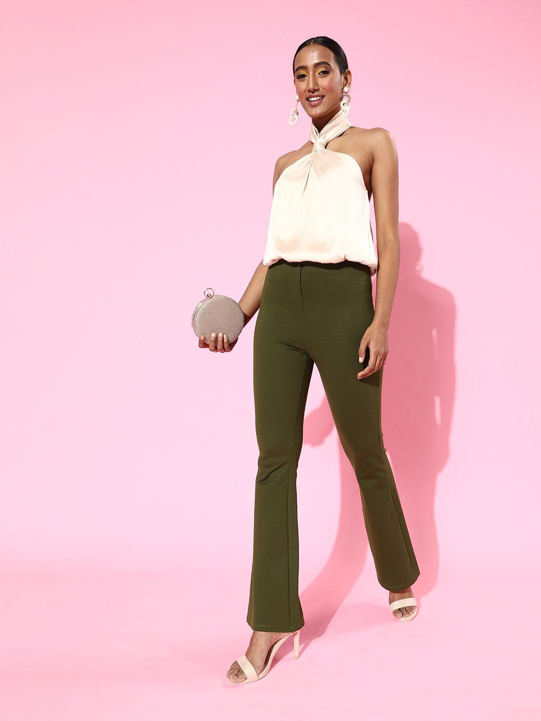 SASSAFRAS Women Olive Green High-Rise Graduated Flare Trousers