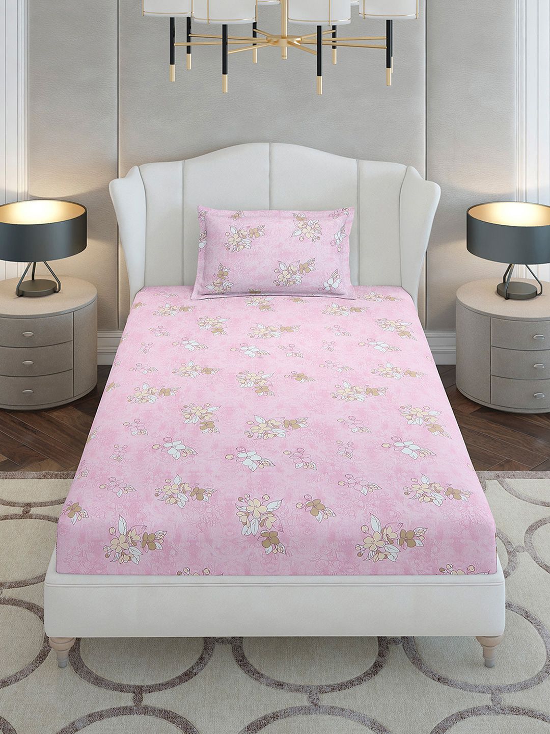 Monte Carlo Pink & White Floral Printed Cotton 104 TC Single Bedsheet Set-2.24 m x 1.52 m