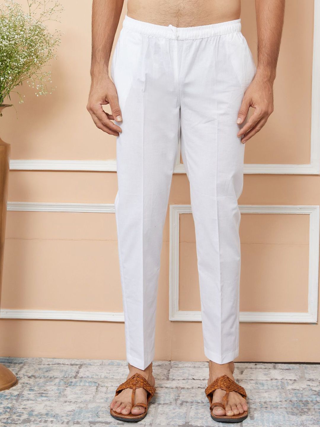 See Designs Striped Mandarin Collar Thread Work Straight Kurta With Trousers