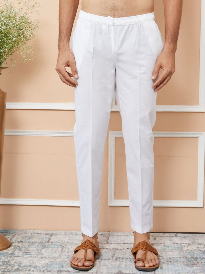 See Designs Striped Mandarin Collar Thread Work Straight Kurta With Trousers