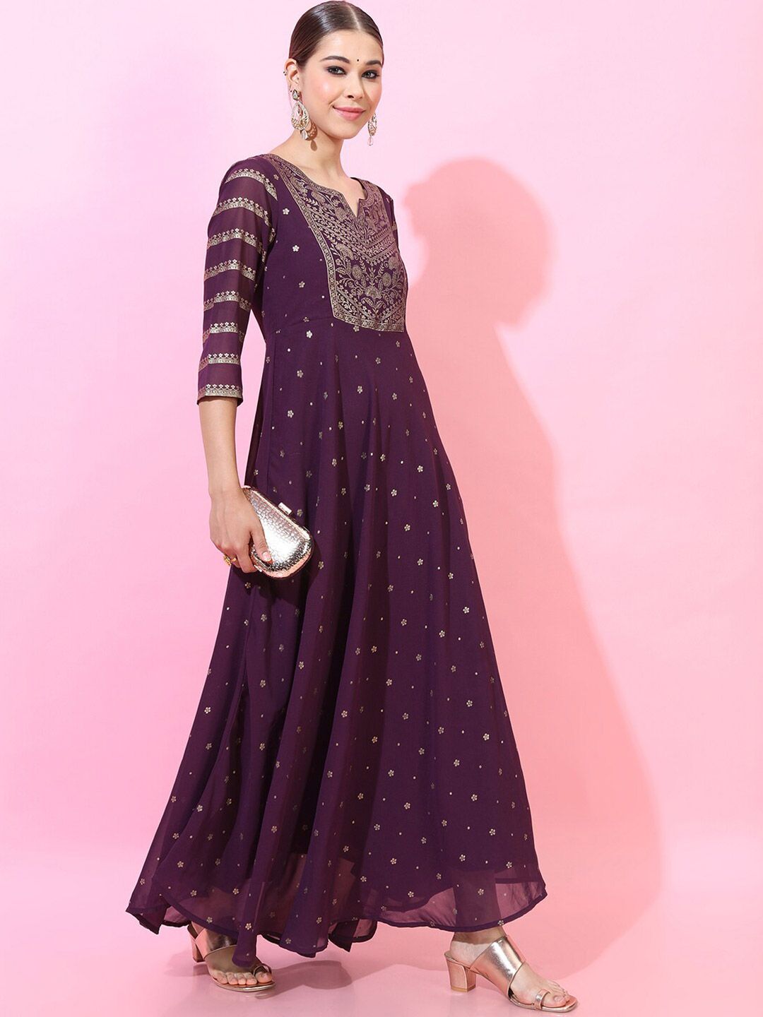 Vishudh Women Purple Printed Maxi Dress With Dupatta