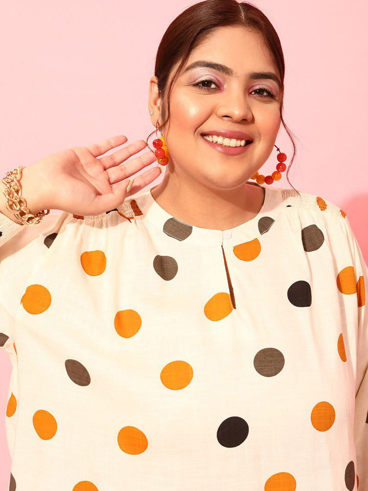 CURVY STREET Polka Dots Polka Dot Printed Smocked Shirt Style Top