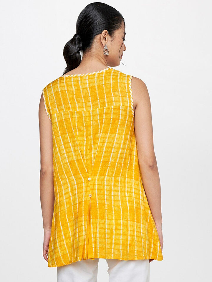 Global Desi Women Mustard Yellow Geometric Printed Keyhole Neck Top