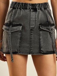 SASSAFRAS Grey Washed Cargo Denim Straight Mini Skirt