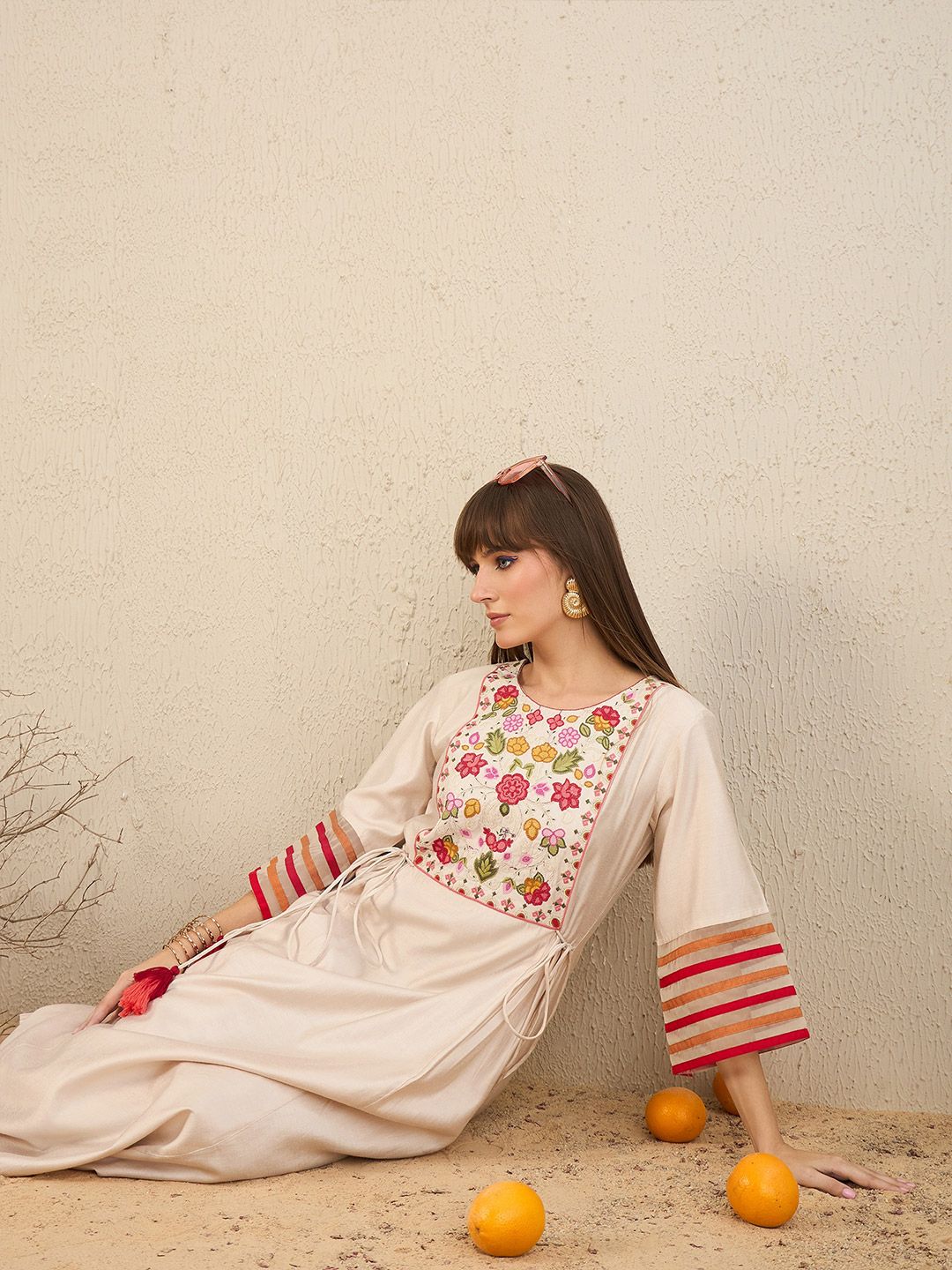 Indo Era Women Floral Yoke Design Empire Thread Work Liva Kurta with Trousers