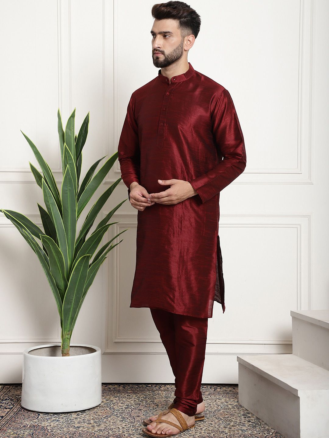 SOJANYA Men Maroon & Beige Self Design Kurta with Churidar & Nehru Jacket