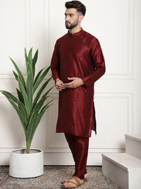 SOJANYA Men Maroon & Beige Self Design Kurta with Churidar & Nehru Jacket