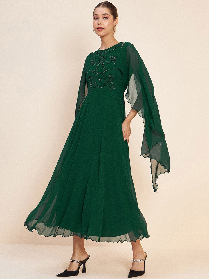 Antheaa Green Slit Sleeves Embellished Detail Maxi Dress