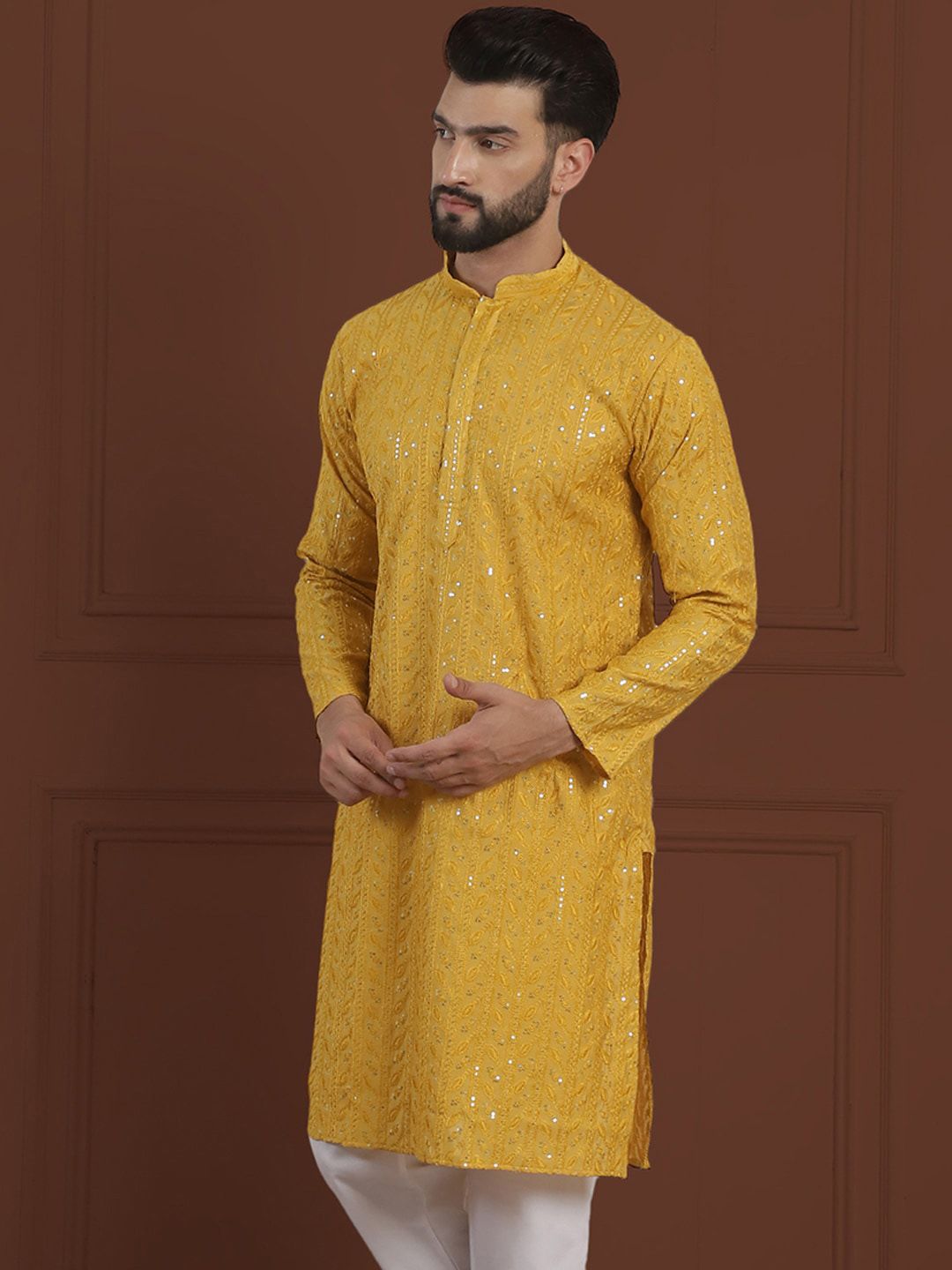 SOJANYA LUXE Floral Embroidered Sequinned Mandarin Collar Cotton Silk Straight Kurta