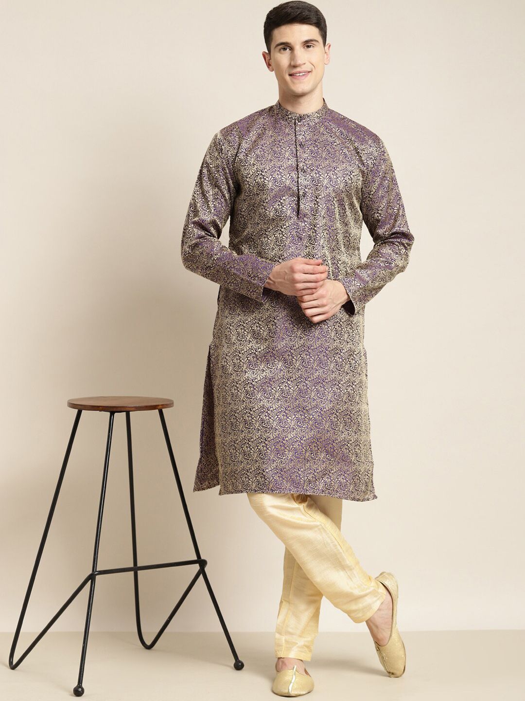 SOJANYA Band Collar Ethnic Motifs Woven Design Kurta