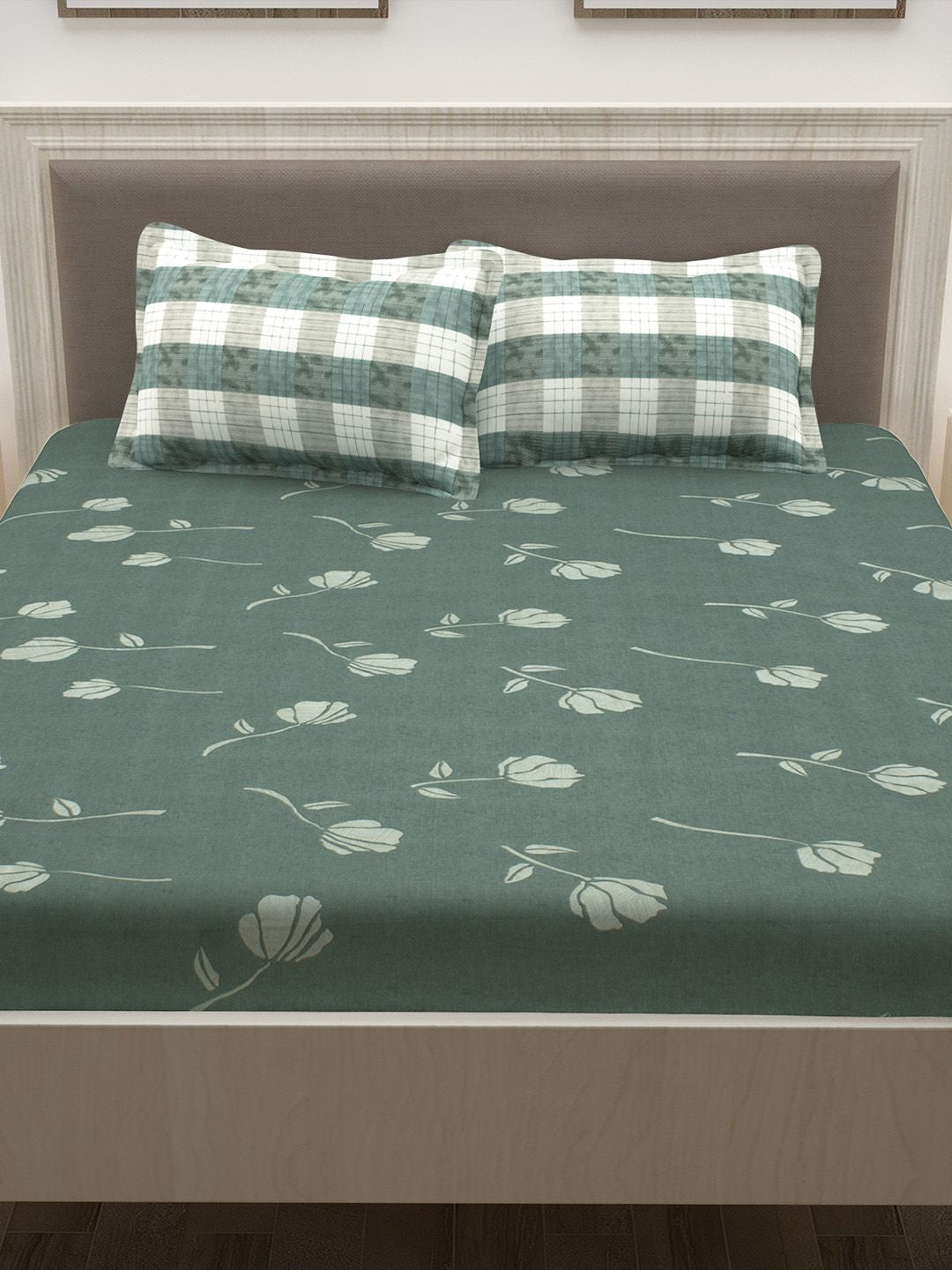 Story@home Grey Floral 186 TC Cotton 1 Double Bedsheet with 2 Pillow Covers