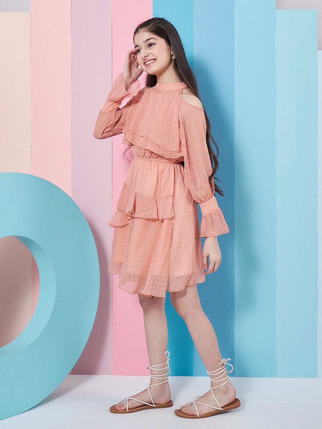 pspeaches Girls Self Design Halter Neck Bell Sleeves Cut Out Layered Ruffled A-Line Dress