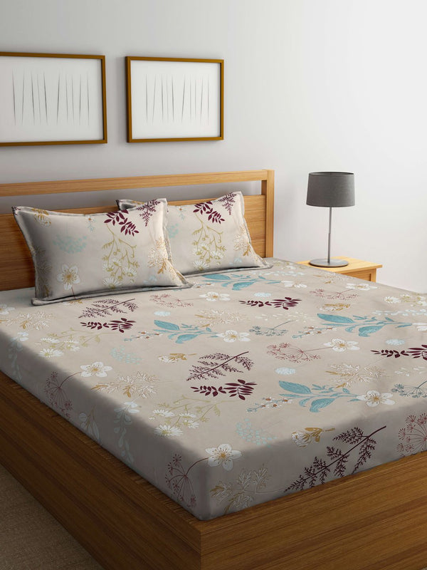 KLOTTHE Grey & Blue Printed 300 TC Fitted King Bedsheet With 2 Pillow Covers